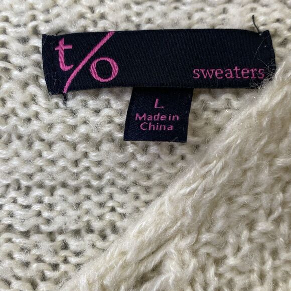 Cream Cable Knit Sweater L Women Soft Textured Pullover Lace Up Back Winter Chic - Picture 5 of 6